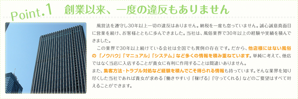 Point.1 創業以来、一度の違反もありません